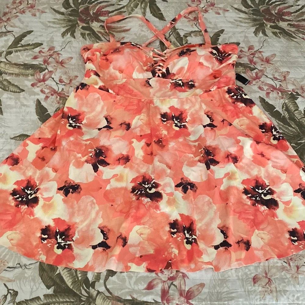 NWT TORRID Wireless Long Lattice Front Swim Dress With Brief swimsuit